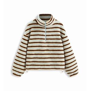 Cider Fleece Stripe Stand Collar Drawstring Half Zip Oversized Sweatshirt, M